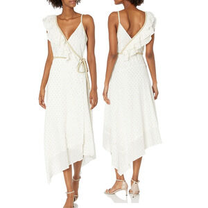 BCBGMaxazria Asymmetric Midi Wrap Dress Cream with Metallic Shimmer Women's M